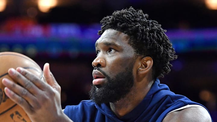 Dec 11, 2023; Philadelphia, Pennsylvania, USA; Philadelphia 76ers center Joel Embiid (21) against the Washington Wizards during warmups at Wells Fargo Center. Mandatory Credit: Eric Hartline-Imagn Images
