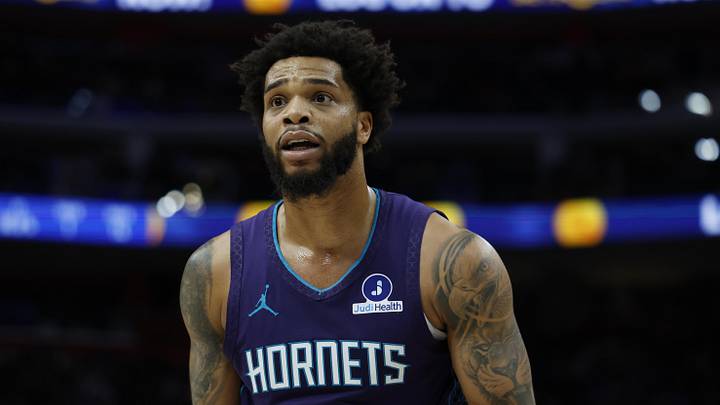 Charlotte Hornets forward Miles Bridges reacts in the first half against the Detroit Pistons at Little Caesars Arena.