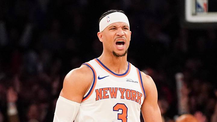 Apr 9, 2026; New York, New York, USA; New York Knicks guard Josh Hart (3) celebrates after hitting a three pointer late in the fourth quarter against the Boston Celtics at Madison Square Garden. Mandatory Credit: Lucas Boland-Imagn Images