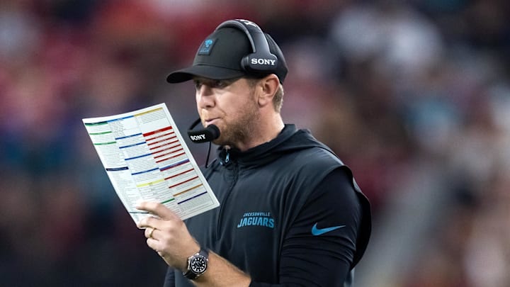 Nov 23, 2025; Glendale, Arizona, USA; Jacksonville Jaguars head coach Liam Coen against the Arizona Cardinals at State Farm Stadium. Mandatory Credit: Mark J. Rebilas-Imagn Images