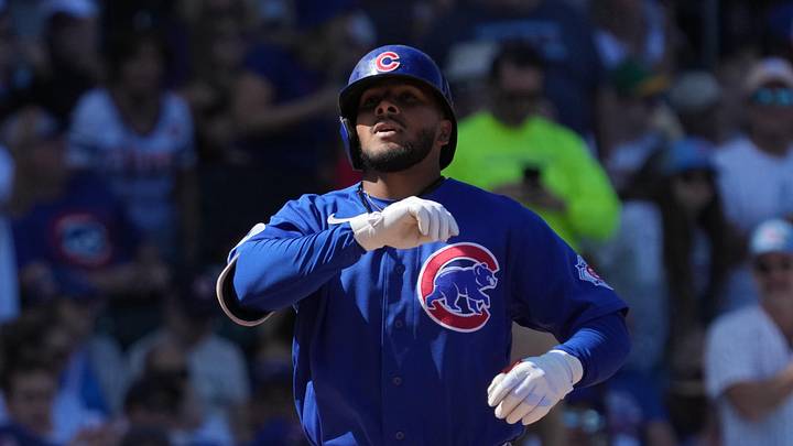 Mar 7, 2026; Mesa, Arizona, USA; Chicago Cubs second baseman Pedro Ramirez (75) hits a solo home run against the Athletics in the second inning at Sloan Park. Mandatory Credit: Rick Scuteri-Imagn Images