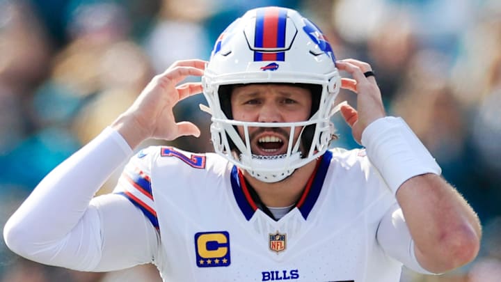 Buffalo Bills quarterback Josh Allen (17) calls a play during the first quarter of an NFL football AFC Wild Card playoff matchup, Sunday, Jan. 11, 2026, in Jacksonville, Fla. The Bills defeated the Jaguars 27-24. [Corey Perrine/Florida Times-Union]