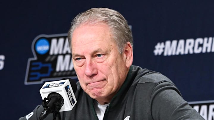 Mar 19, 2026; Buffalo, NY, USA; Michigan State Spartans head coach Tom Izzo speaks at a postgame press conference after the game against the North Dakota State Bison during a first round game of the men's 2026 NCAA Tournament at Keybank Center.