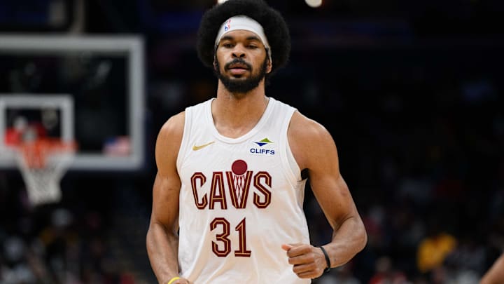Feb 7, 2025; Washington, District of Columbia, USA; Cleveland Cavaliers center Jarrett Allen (31) looks on during the third quarter against the Washington Wizards at Capital One Arena. Mandatory Credit: Reggie Hildred-Imagn Images