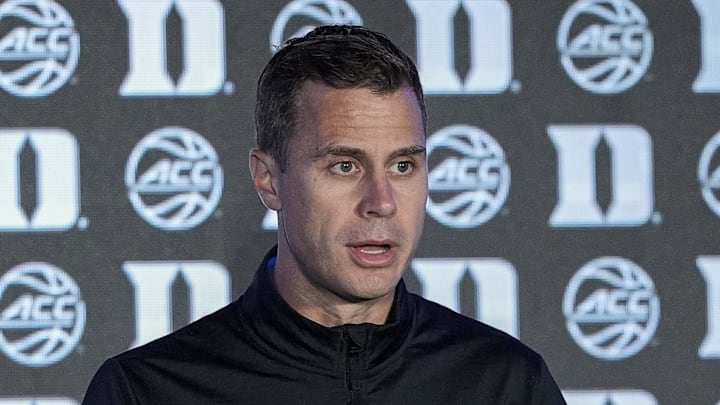 Oct 9, 2024; Charlotte, NC, USA;  Duke head coach John Scheyer during ACC Media Days at The Hilton Charlotte Uptown. Mandatory Credit: Jim Dedmon-Imagn Images