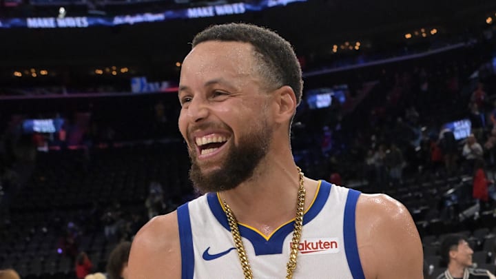 Apr 15, 2026; Inglewood, California, USA; Golden State Warriors guard Stephen Curry (30) smiles on the court after defeating the Los Angeles Clippers during the play-in rounds of the 2026 NBA Playoffs at Intuit Dome. Mandatory Credit: Jayne Kamin-Oncea-Imagn Images