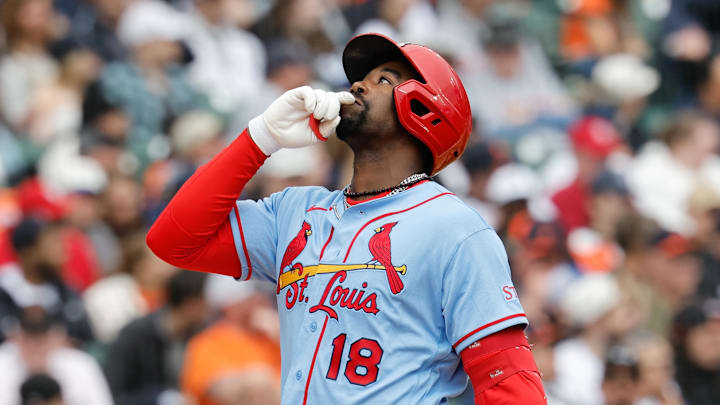 Apr 4, 2026; Detroit, Michigan, USA;  St. Louis Cardinals right fielder Jordan Walker (18) celebrates after he hits a grand slam in the fifth inning against the Detroit Tigers at Comerica Park. Mandatory Credit: Rick Osentoski-Imagn Images