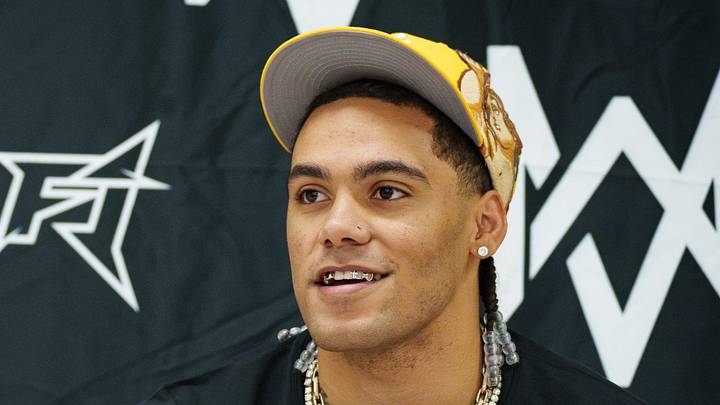 Patriots cornerback Christian Gonzalez speaks to the media before playing in the 5th annual Mack Wilson Sr. Celebrity Basketball Game at Corona Del Sol High School on May 16, 2026, in Tempe.