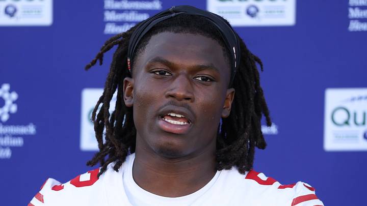 Jun 9, 2026; East Rutherford, NJ, USA; New York Giants linebacker Arvell Reese (52) answers questions from the press after the minicamp activities at Quest Diagnostics Center. Mandatory Credit: Thomas Salus-Imagn Images