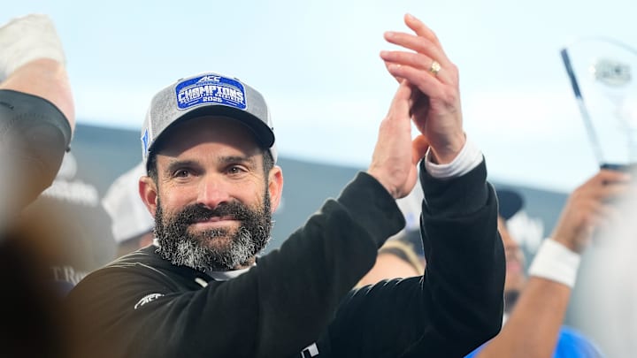 Dec 6, 2025; Charlotte, NC, USA; Duke Blue Devils head coach Manny Diaz celebrates defeating the Virginia Cavaliers during the 2025 ACC Championship game at Bank of America Stadium. Mandatory Credit: Jim Dedmon-Imagn Images Dec 6, 2025; Charlotte, NC, USA; Duke Blue Devils head coach Manny Diaz celebrates defeating the Virginia Cavaliers during the 2025 ACC Championship game at Bank of America Stadium. Mandatory Credit: Jim Dedmon-Imagn Images