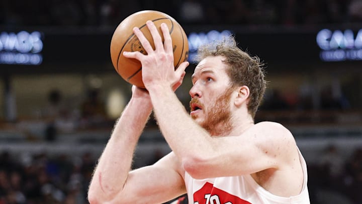Toronto Raptors center Jakob Poeltl shoots against the Chicago Bulls.