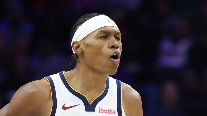 Denver Nuggets guard Peyton Watson (8) reacts to his score against the Philadelphia 76ers during the first quarter at Xfinity Mobile Arena on January 5, 2026.