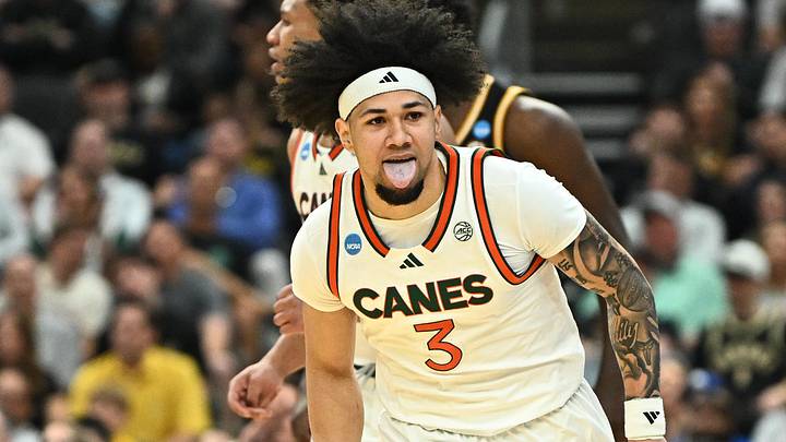 Miami (FL) Hurricanes guard Tre Donaldson (3) reacts (Mandatory Credit: Jeff Le-Imagn Images)