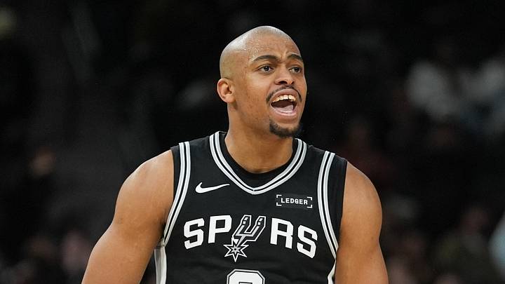 Jan 25, 2026; San Antonio, Texas, USA;  San Antonio Spurs forward Keldon Johnson (3) celebrates in the second half against the New Orleans Pelicans at Frost Bank Center. Mandatory Credit: Daniel Dunn-Imagn Images