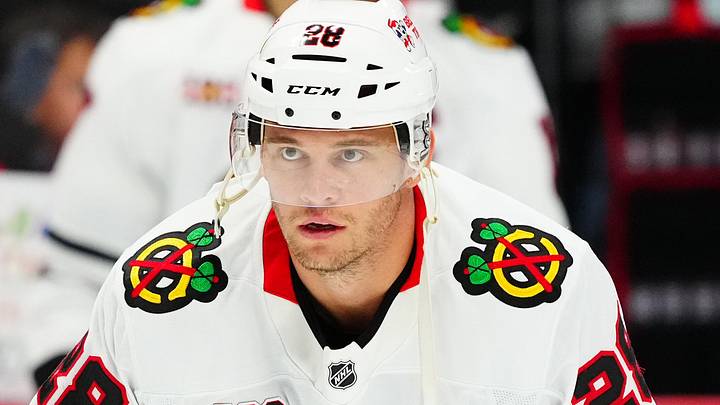 Feb 28, 2026; Denver, Colorado, USA; Chicago Blackhawks left wing Andre Burakovsky (28) before the game against the Colorado Avalanche at Ball Arena. Mandatory Credit: Ron Chenoy-Imagn Images