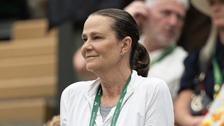 Former tennis star Pam Shriver attends Wimbledon in 2024.