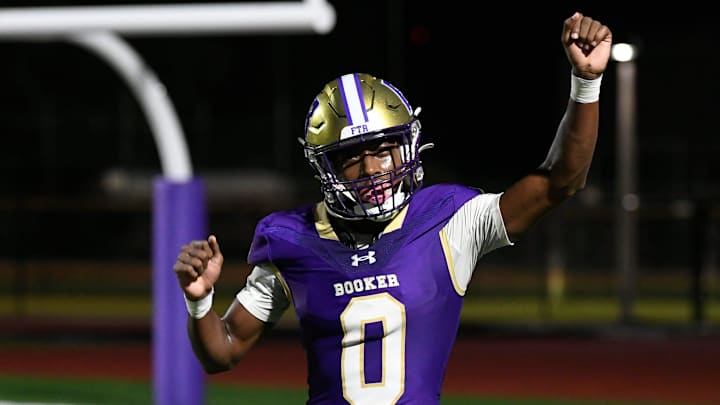 Booker's defensive back/wide receiver Chauncey Kennon (#0) celebrates a touchdown. The Booker Tornadoes hosted the Lely Trojans (Naples, FL) Friday night, Aug. 23, 2024, who lost to Booker 46-0 during the first regular non-conference season game of the year.