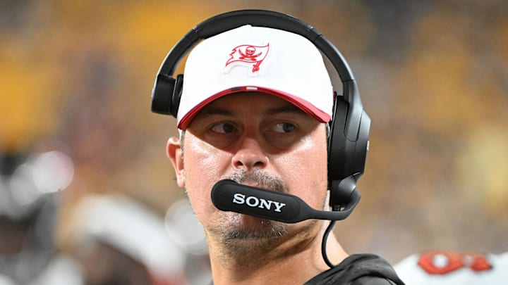 Aug 16, 2025; Pittsburgh, Pennsylvania, USA; Tampa Bay Buccaneers offensive coordinator Josh Grizzard watches the action against the Pittsburgh Steelers during the second half at Acrisure Stadium. Mandatory Credit: Barry Reeger-Imagn Images