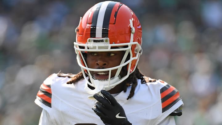 Oct 13, 2024; Philadelphia, Pennsylvania, USA; Cleveland Browns cornerback Martin Emerson Jr. (23) against the Philadelphia Eagles at Lincoln Financial Field. Mandatory Credit: Eric Hartline-Imagn Images