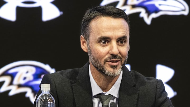 Jan 29, 2026; Owings Mills, MD, USA; Jesse Minter smiling during opening remarks at press conference at Under Armour Performance Center. Mandatory Credit: Lexi Thompson-Imagn Images