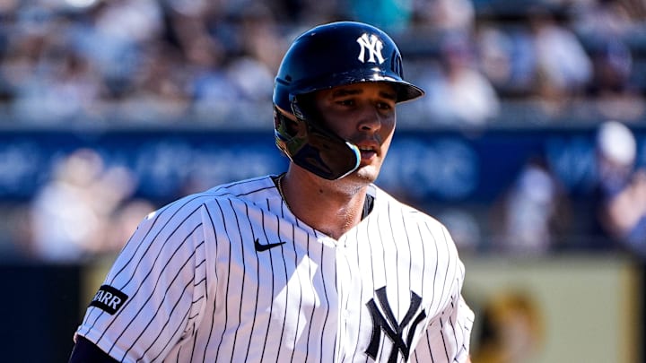 New York Yankees center fielder Spencer Jones (78) runs after batting a home run against Detroit Tigers during the second inning at George M. Steinbrenner Field in Tampa, Fla. on Saturday, Feb. 21, 2026.