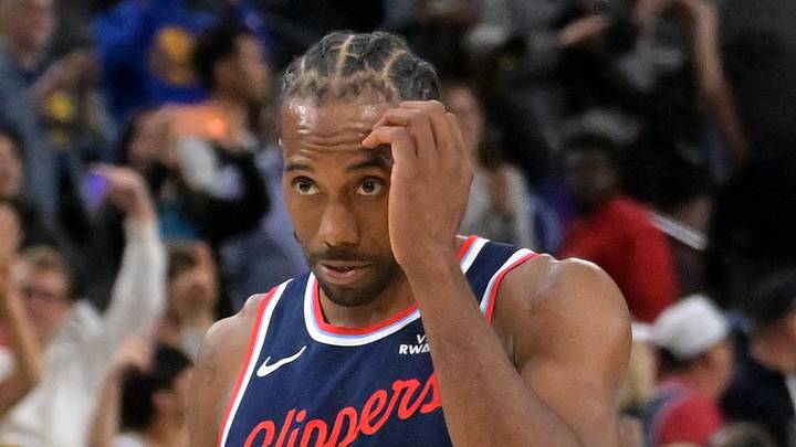Apr 15, 2026; Inglewood, California, USA; Los Angeles Clippers forward Kawhi Leonard (2) leaves the court after being defeated by the Golden State Warriors during the play-in rounds of the 2026 NBA Playoffs at Intuit Dome. Mandatory Credit: Jayne Kamin-Oncea-Imagn Images