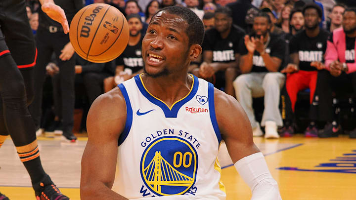 Jan 24, 2024; San Francisco, California, USA; Golden State Warriors forward Jonathan Kuminga (00) reacts after a play against the Atlanta Hawks during the third quarter at Chase Center. Mandatory Credit: Kelley L Cox-Imagn Images