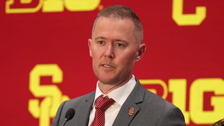 Jul 24, 2025; Las Vegas, NV, USA; USC head coach Lincoln Riley speaks to the media during the Big Ten NCAA college football media days at Mandalay Bay Resort. Mandatory Credit: Lucas Peltier-Imagn Images