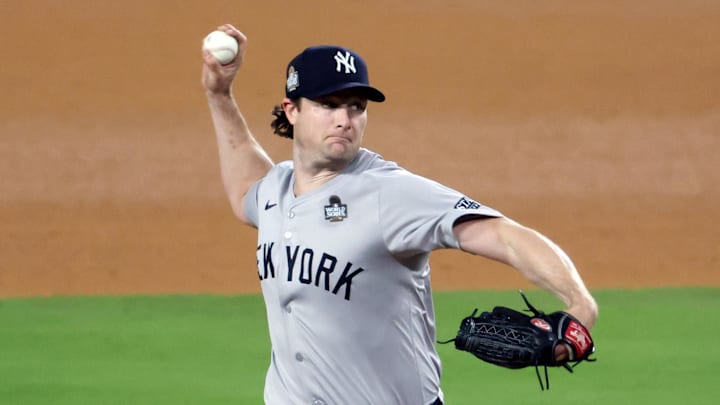 New York Yankees pitcher Gerrit Cole throws out a pitch.