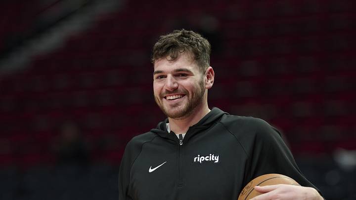 Apr 2, 2026; Portland, Oregon, USA; Portland Trail Blazers center Donovan Clingan (23) warms up before a game against the New Orleans Pelicans at Moda Center. Mandatory Credit: Troy Wayrynen-Imagn Images