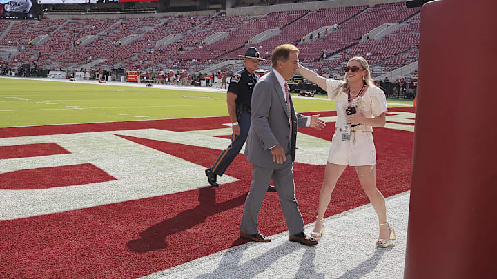Alabama Crimson Tide head coach Nick Saban hugs his daughter, Kristen Setas before the game with Texas. Alabama Crimson Tide head coach Nick Saban hugs his daughter, Kristen Setas before the game with Texas.