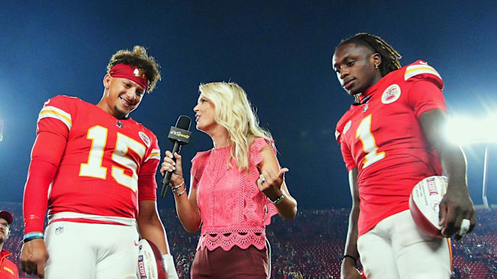 Sep 5, 2024; Kansas City, Missouri, USA; Kansas City Chiefs starting quarterback Patrick Mahomes (15) and wide receiver Xavier Worthy (1) talk with reporter Melissa Stark after defeating the Baltimore Ravens at GEHA Field at Arrowhead Stadium. Mandatory Credit: Jay Biggerstaff-Imagn Images Sep 5, 2024; Kansas City, Missouri, USA; Kansas City Chiefs starting quarterback Patrick Mahomes (15) and wide receiver Xavier Worthy (1) talk with reporter Melissa Stark after defeating the Baltimore Ravens at GEHA Field at Arrowhead Stadium. Mandatory Credit: Jay Biggerstaff-Imagn Images
