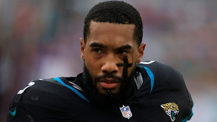 Jacksonville Jaguars safety Andre Cisco (5) looks on during the third quarter of an NFL football matchup Sunday, Nov. 10, 2024 at Everbank Stadium in Jacksonville, Fla. The Vikings defeated the Jaguars 12-7. [Corey Perrine/Florida Times-Union]