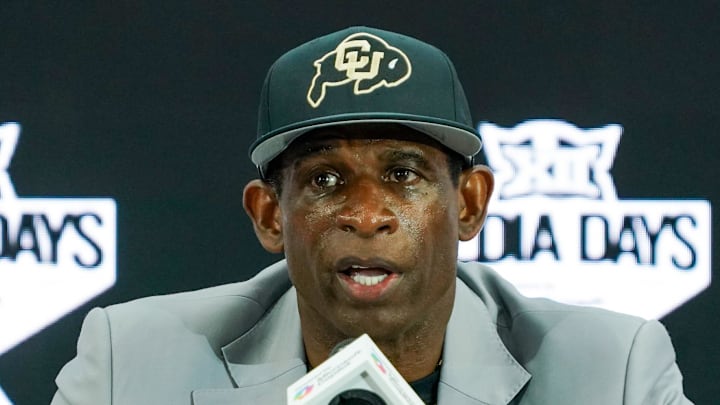 Jul 9, 2025; Frisco, TX, USA; Colorado head coach Deion Sanders speaks with the media during 2025 Big 12 Football Media Days at The Star. Mandatory Credit: Raymond Carlin III-Imagn Images