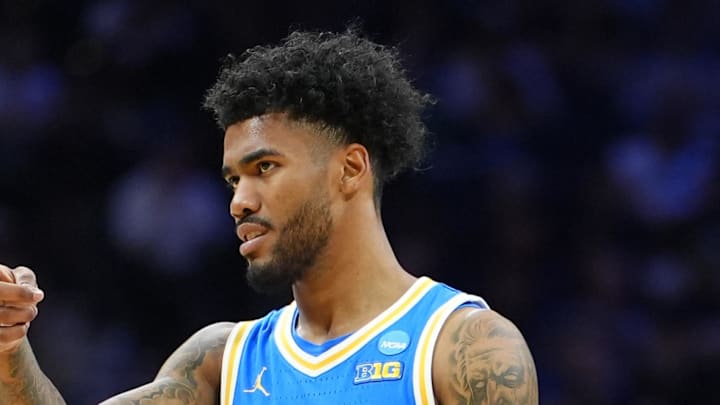 Mar 22, 2026; Philadelphia, PA, USA; UCLA Bruins guard Donovan Dent (2) reacts in the first half during a second round game of the men's 2026 NCAA Tournament at Xfinity Mobile Arena. Mandatory Credit: Kyle Ross-Imagn Images