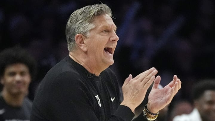 Apr 23, 2026; Minneapolis, Minnesota, USA; Minnesota Timberwolves head coach Chris Finch cheers on his team as they play the Denver Nuggets in the fourth quarter at Target Center. Mandatory Credit: Bruce Kluckhohn-Imagn Images