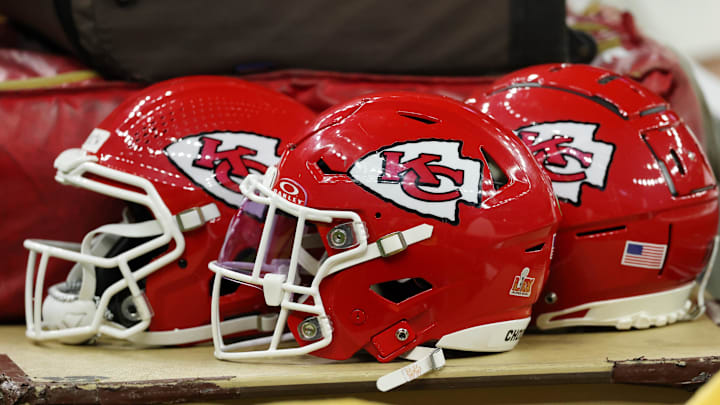 Feb 9, 2025; New Orleans, LA, USA; A detail view of Kansas City Chiefs helmets before Super Bowl LIX between the Philadelphia Eagles and the Kansas City Chiefs at Caesars Superdome. Mandatory Credit: Geoff Burke-Imagn Images