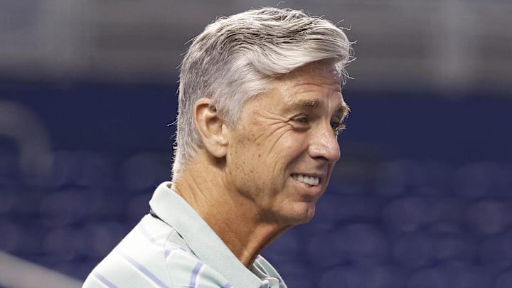 Sep 3, 2021; Miami, Florida, USA; Philadelphia Phillies president of baseball operations Dave Dombrowski (left) talks to former player Harold Reynolds (right) prior to the game against the Miami Marlins at loanDepot Park