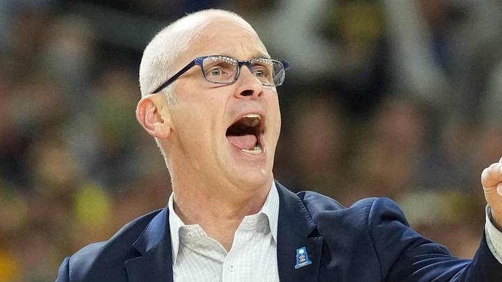 Apr 6, 2026; Indianapolis, IN, USA; Connecticut Huskies head coach Dan Hurley reacts against the Michigan Wolverines in the first half during the national championship of the Final Four of the men's 2026 NCAA Tournament at Lucas Oil Stadium. Mandatory Credit: Robert Deutsch-Imagn Images Apr 6, 2026; Indianapolis, IN, USA; Connecticut Huskies head coach Dan Hurley reacts against the Michigan Wolverines in the first half during the national championship of the Final Four of the men's 2026 NCAA Tournament at Lucas Oil Stadium. Mandatory Credit: Robert Deutsch-Imagn Images
