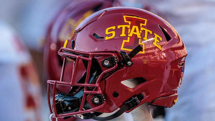 Nov 9, 2024; Kansas City, Missouri, USA; Iowa State Cyclones helmets on the bench during the first quarter against the Kansas Jayhawks at GEHA Field at Arrowhead Stadium. 