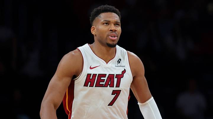 Miami Heat forward Giannis Antetokounmpo (7) reacts  (Mandatory Credit: Sam Navarro-Imagn Images)
