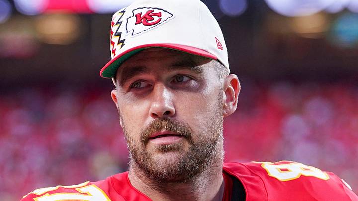 Aug 28, 2026; Kansas City, Missouri, USA; Kansas City Chiefs tight end Travis Kelce (87) on the sidelines against the Seattle Seahawks during the first half of the game at Arrowhead Stadium. Mandatory Credit: Denny Medley-Imagn Images