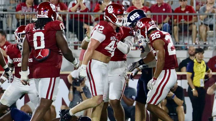 Oklahoma defensive end Wyatt Gilmore celebrates after logging a sack against UTEP. Oklahoma defensive end Wyatt Gilmore celebrates after logging a sack against UTEP.