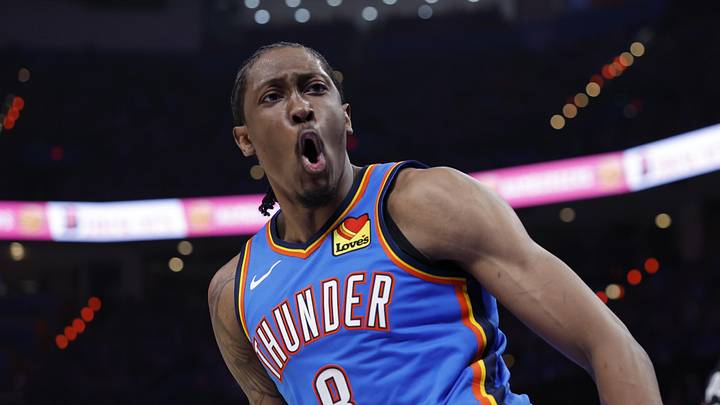 Apr 19, 2026; Oklahoma City, Oklahoma, USA; Oklahoma City Thunder guard Jalen Williams (8) celebrates after scoring against the Phoenix Suns in the second half during game one of the first round of the 2026 NBA Playoffs at Paycom Center. Mandatory Credit: Alonzo Adams-Imagn Images Apr 19, 2026; Oklahoma City, Oklahoma, USA; Oklahoma City Thunder guard Jalen Williams (8) celebrates after scoring against the Phoenix Suns in the second half during game one of the first round of the 2026 NBA Playoffs at Paycom Center. Mandatory Credit: Alonzo Adams-Imagn Images