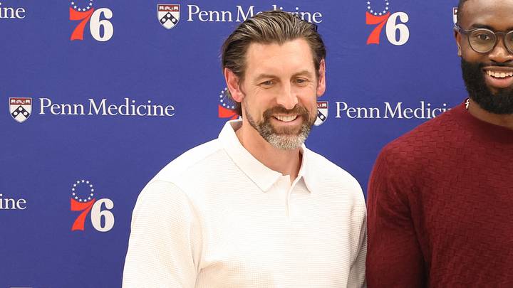 From left to right Philadelphia 76ers general manager Mike Gansey and guard Jaylen Brown and managing partner Josh Harris pose for a photo during his introductory press conference at the Francis J. Myers Recreation Center. From left to right Philadelphia 76ers general manager Mike Gansey and guard Jaylen Brown and managing partner Josh Harris pose for a photo during his introductory press conference at the Francis J. Myers Recreation Center.