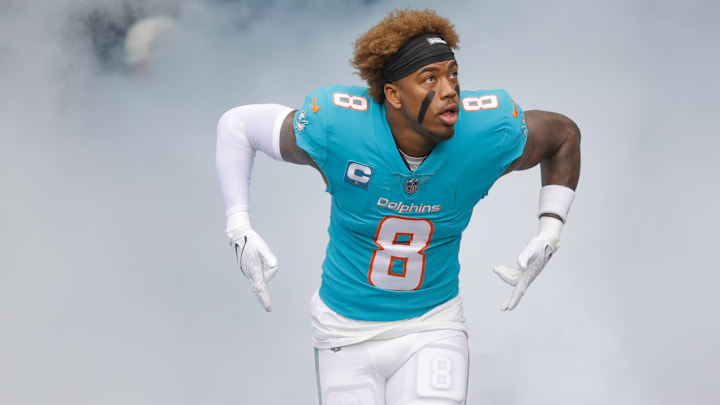 Dec 25, 2022; Miami Gardens, Florida, USA; Miami Dolphins safety Jevon Holland (8) takes the field prior to the game against the Green Bay Packers at Hard Rock Stadium. Dec 25, 2022; Miami Gardens, Florida, USA; Miami Dolphins safety Jevon Holland (8) takes the field prior to the game against the Green Bay Packers at Hard Rock Stadium.