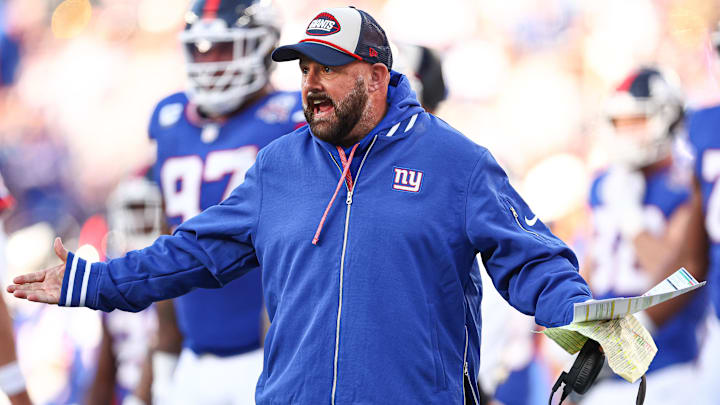 Nov 3, 2024; East Rutherford, New Jersey, USA; New York Giants head coach Brian Daboll reacts to an offensive pass interference call negating a Giants touchdown during the second half against the Washington Commanders at MetLife Stadium. Mandatory Credit: Vincent Carchietta-Imagn Images Nov 3, 2024; East Rutherford, New Jersey, USA; New York Giants head coach Brian Daboll reacts to an offensive pass interference call negating a Giants touchdown during the second half against the Washington Commanders at MetLife Stadium. Mandatory Credit: Vincent Carchietta-Imagn Images