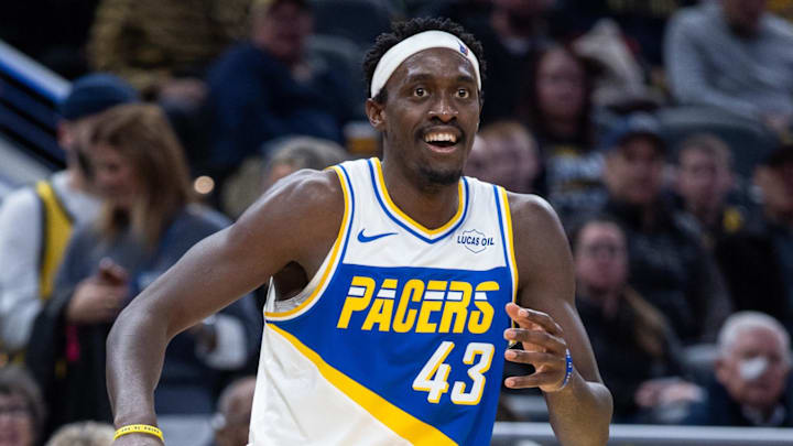 Indiana Pacers forward Pascal Siakam (43) reacts after making a basket against the Chicago Bulls during the second half at  Gainbridge Fieldhouse.
