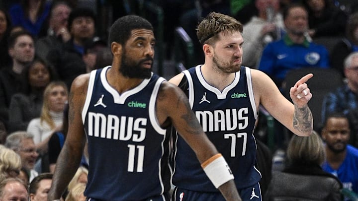 Jan 3, 2024; Dallas, Texas, USA; Dallas Mavericks guard Kyrie Irving (11) and guard Luka Doncic (77) face the Portland Trail Blazers attack during the second half at the American Airlines Center. Mandatory Credit: Jerome Miron-Imagn Images