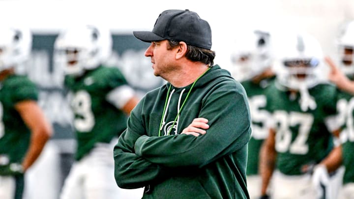Michigan State head coach Jonathan Smith looks on during practice on Tuesday, April 8, 2025, in East Lansing.